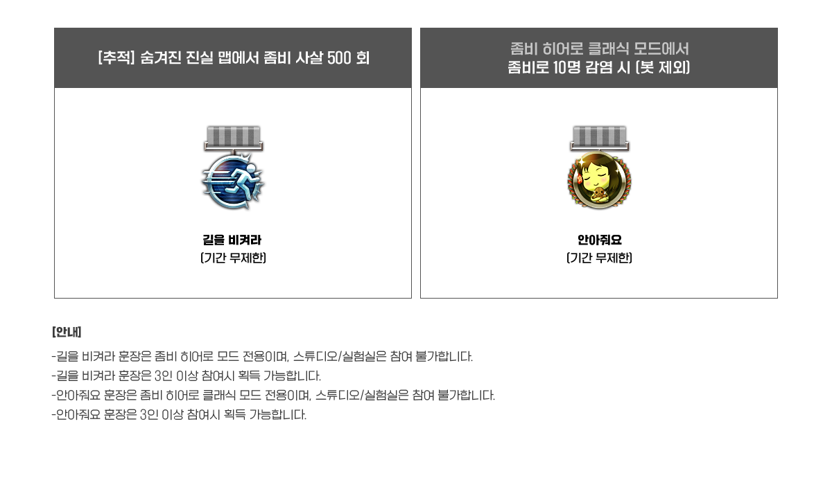 [추적] 숨겨진 진실 맵에서 좀비 사살 500 회 길을 비켜라(기간 무제한) / 좀비 히어로 클래식 모드에서 좀비로 10명 감염 시(봇 제외) 안아줘요(기간 무제한)